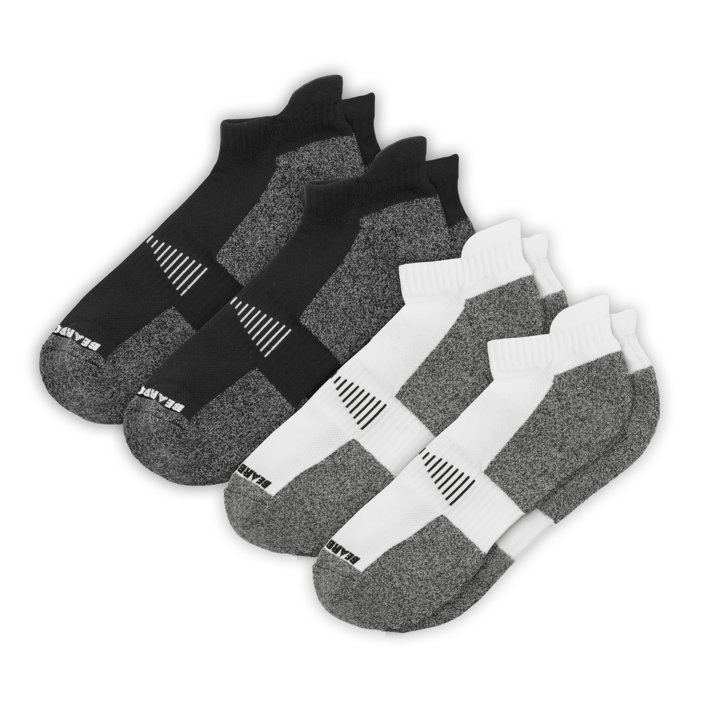 2 Pairs of Performance Ankle Socks White and 2 Pairs of Performance Ankle Socks Black with arch support and grey padding in heel