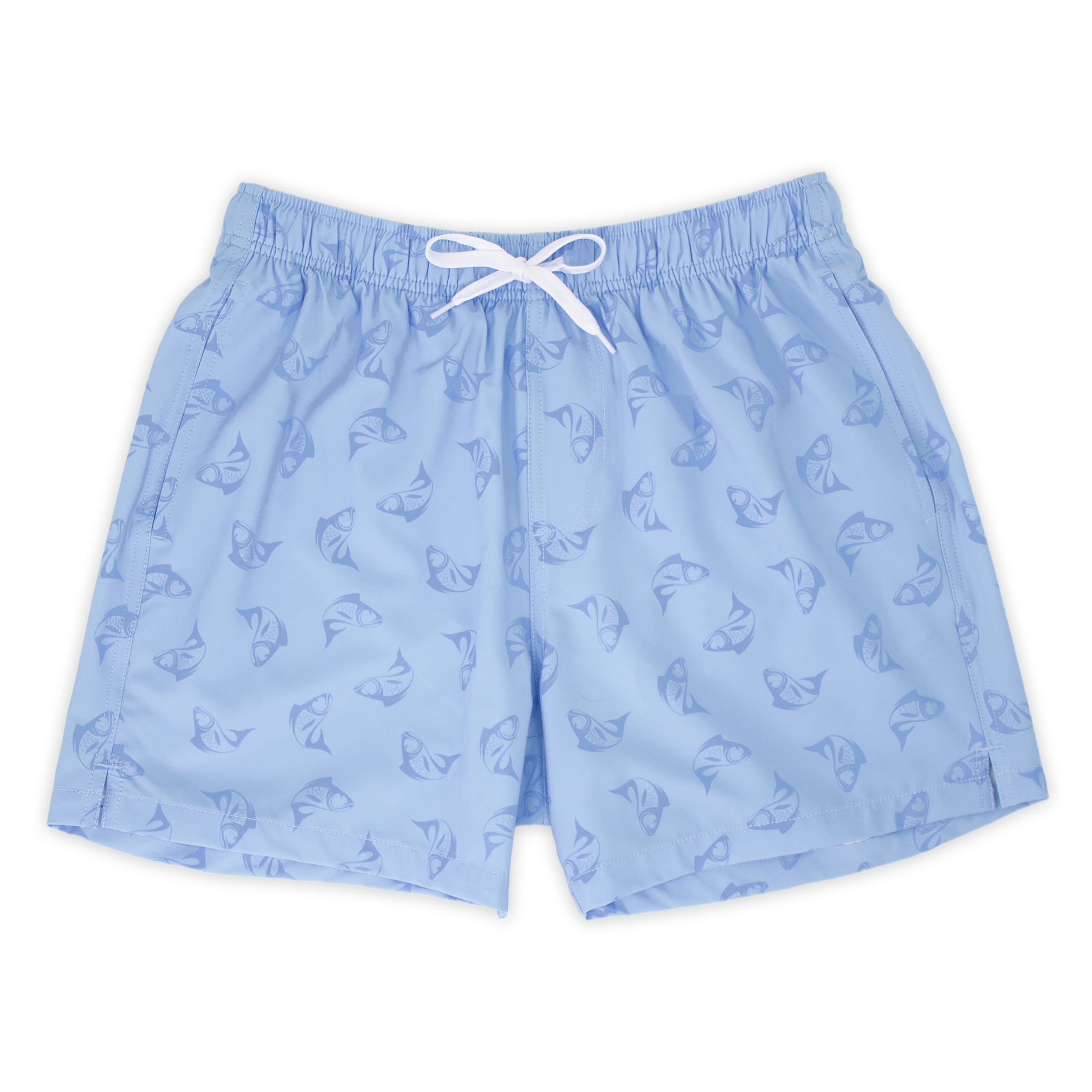 Stretch Swim 5.5" Bonita front, a light periwinkle blue with a print of darker blue sketched fish with an elastic waistband, two inseam pockets, and a white drawstring