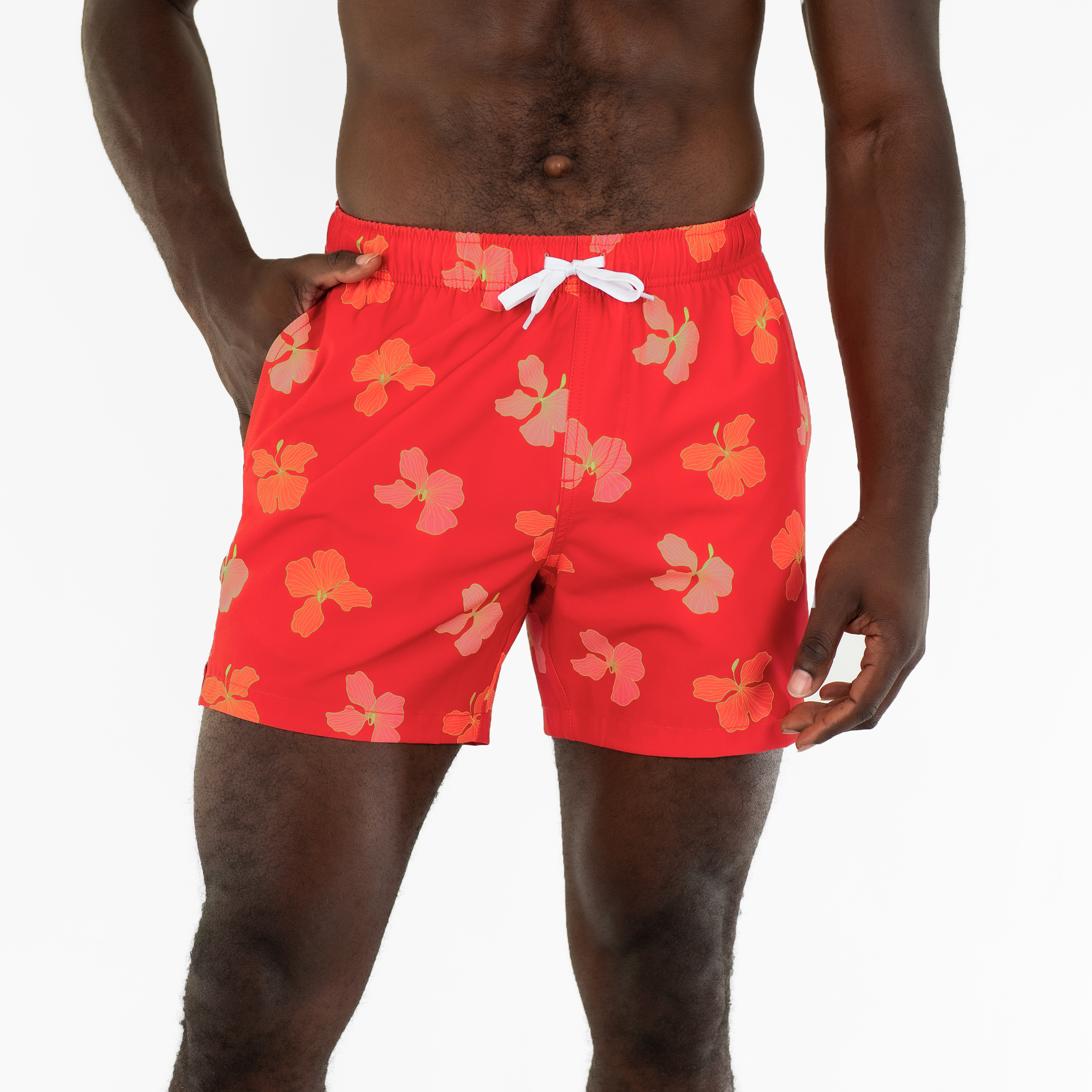 Stretch Swim 5.5" Hibiscus front on model with an elastic waistband, two inseam pockets, and a white drawstring