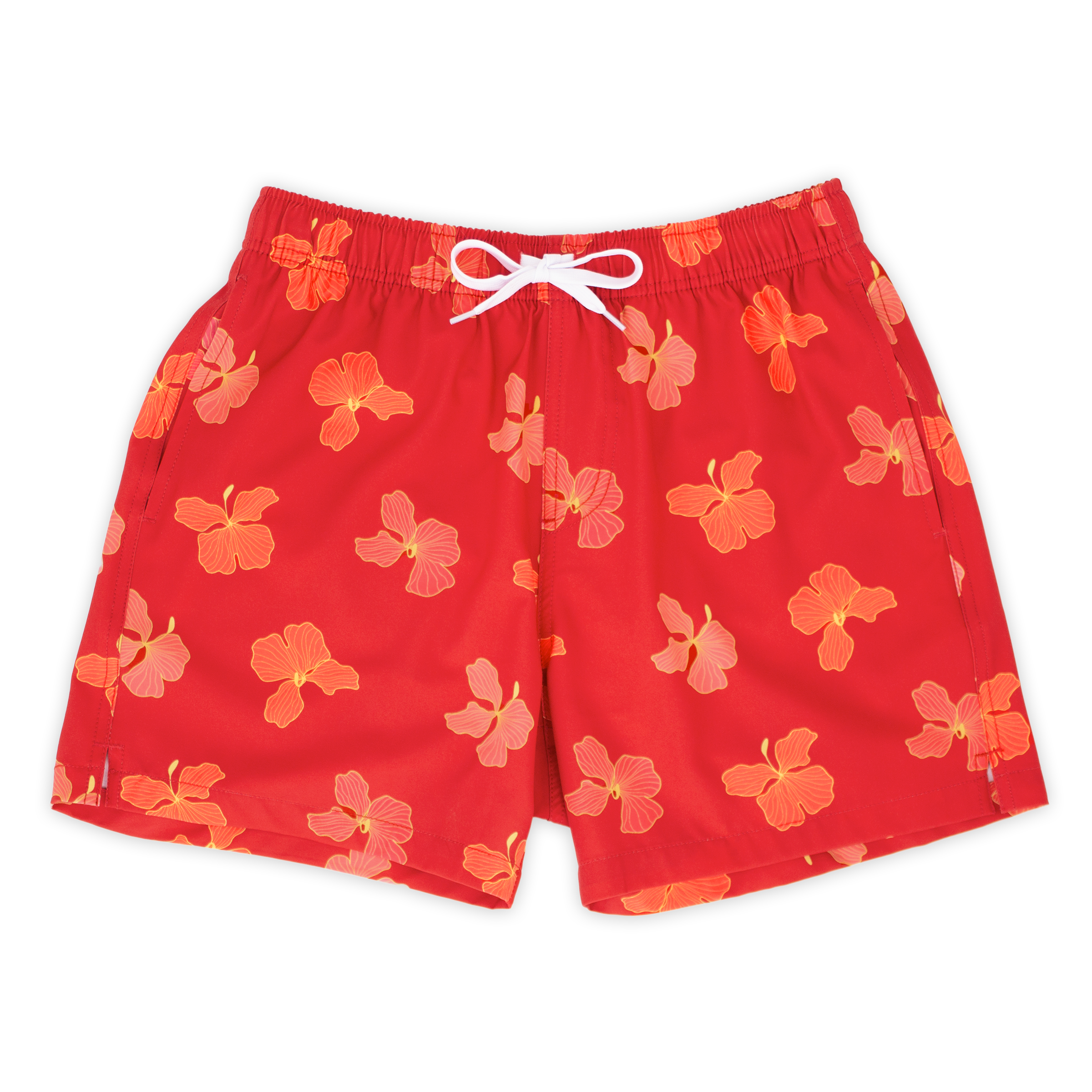 Stretch Swim 5.5" Hibiscus front, a bright red printed with pink and orange sketched hibiscus flowers with an elastic waistband, two inseam pockets, and a white drawstring