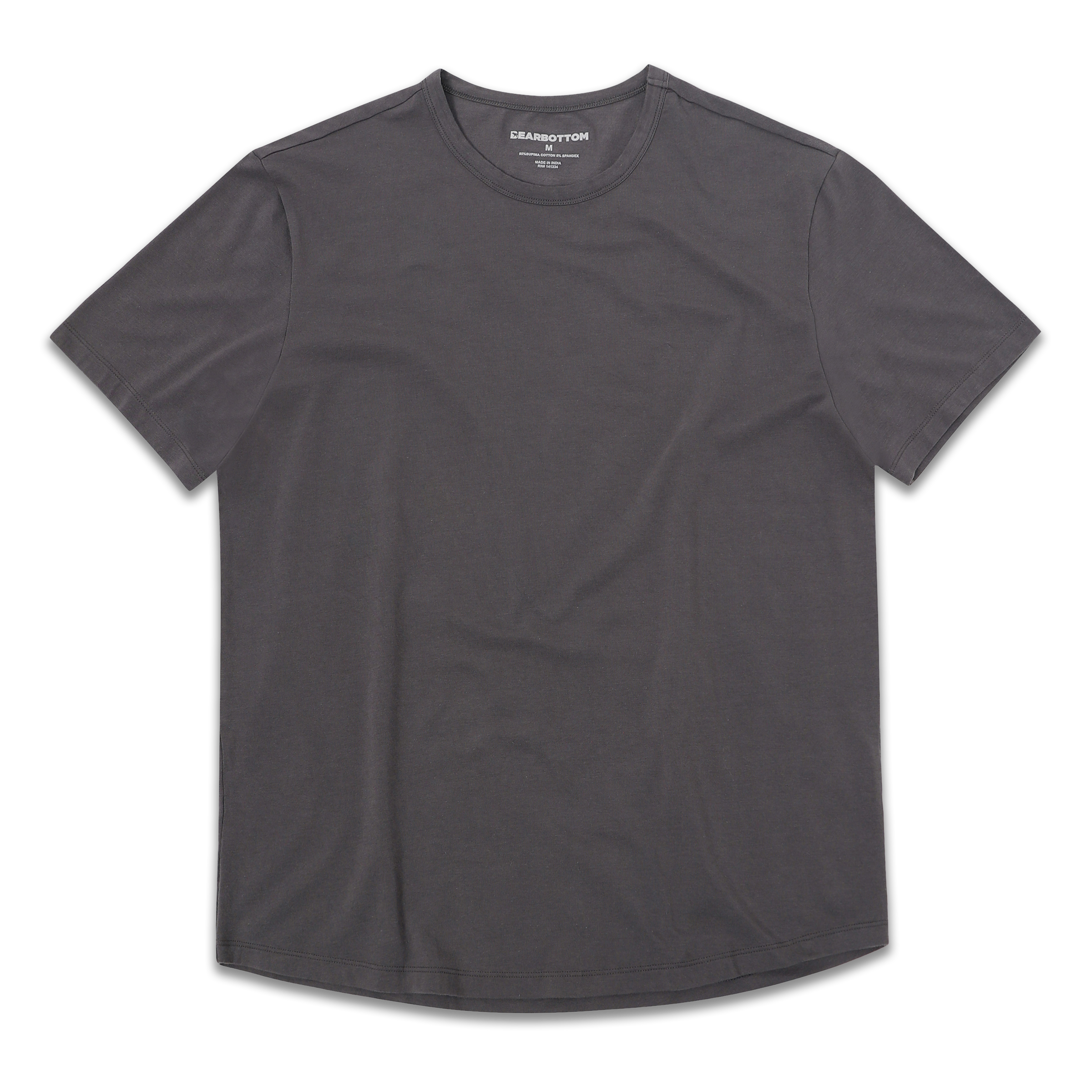 Supima Curved Tee Coal front with crewneck, curved bottom hem, and short sleeves