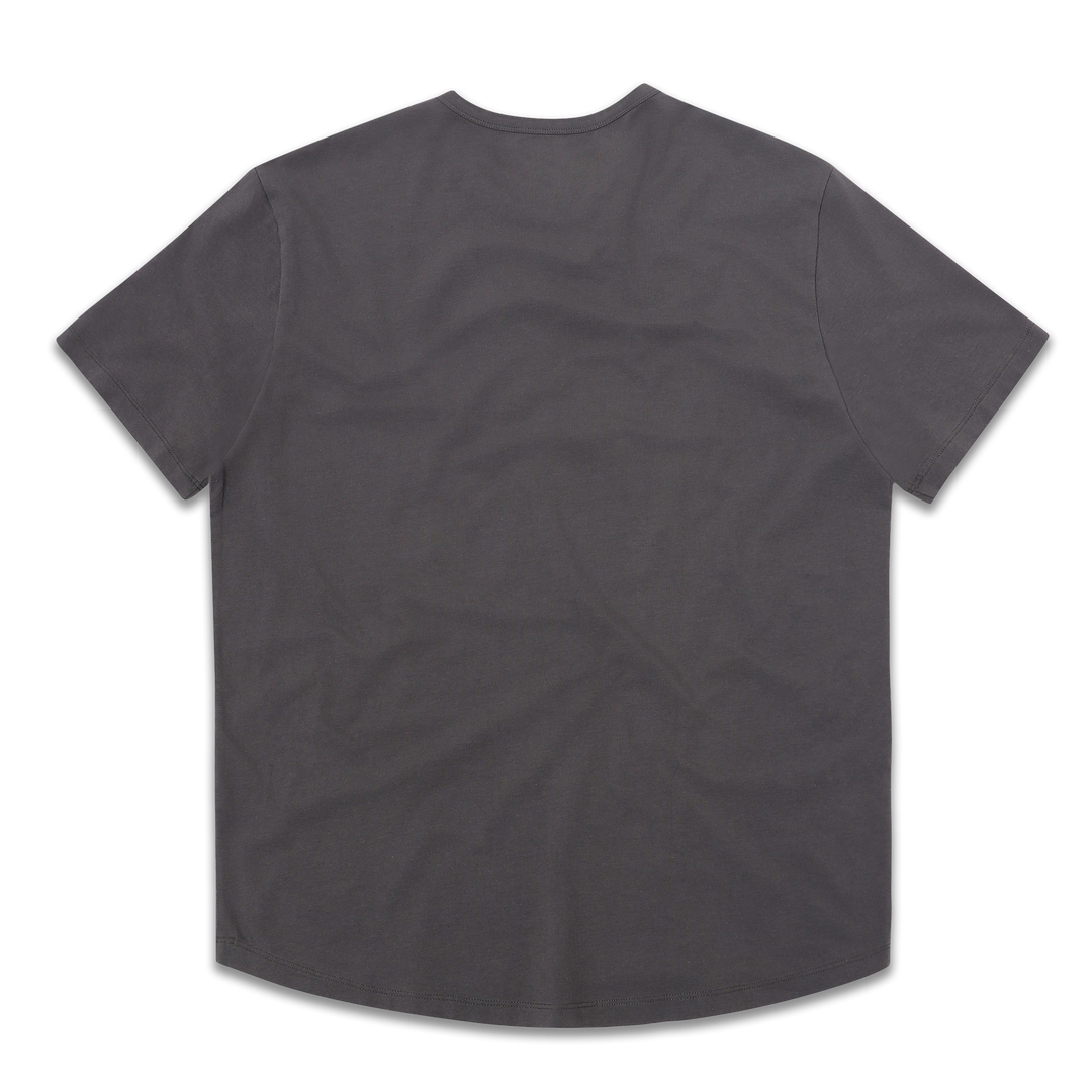 Supima Curved Tee Coal back with crewneck, curved bottom hem, and short sleeves