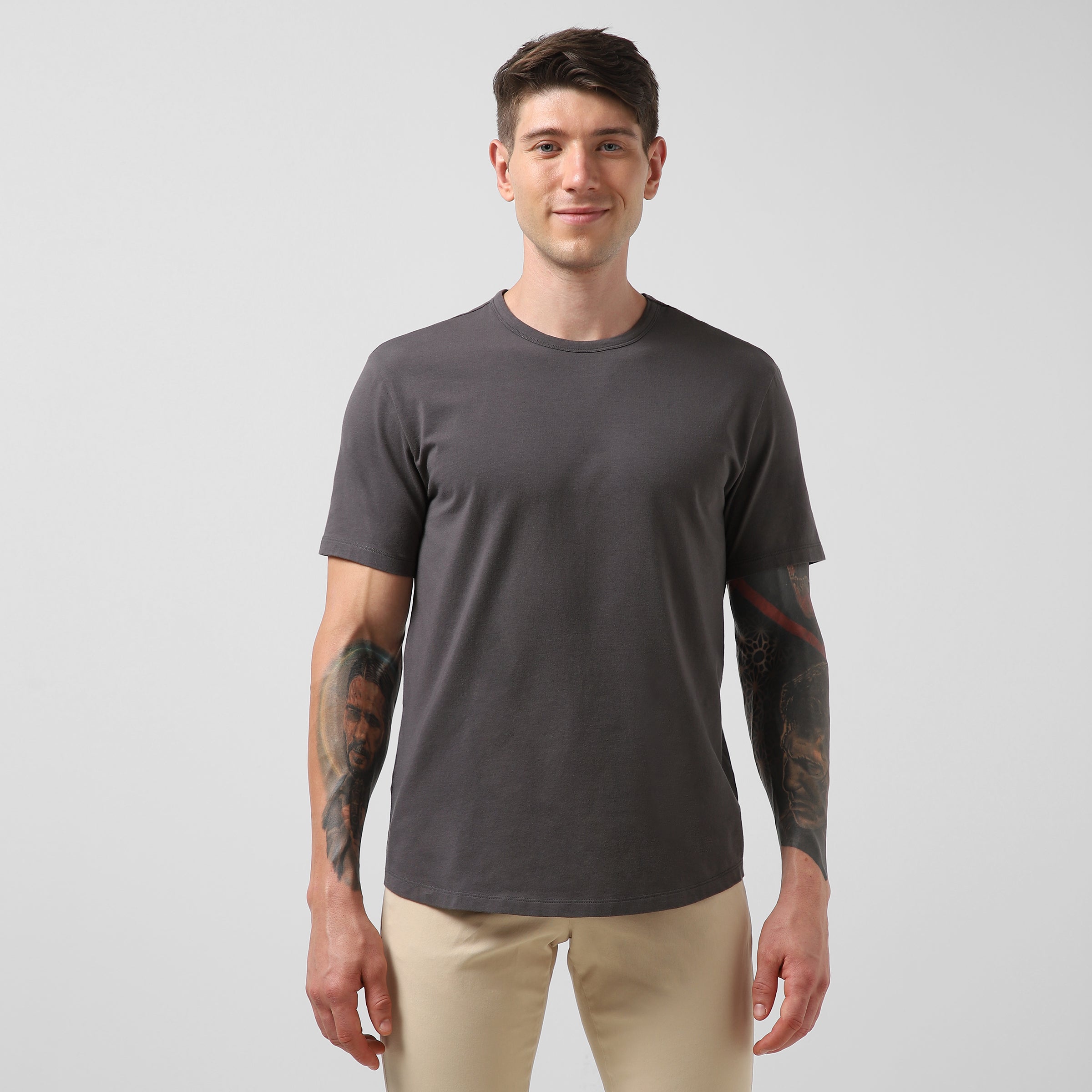 Supima Curved Tee Coal front on model