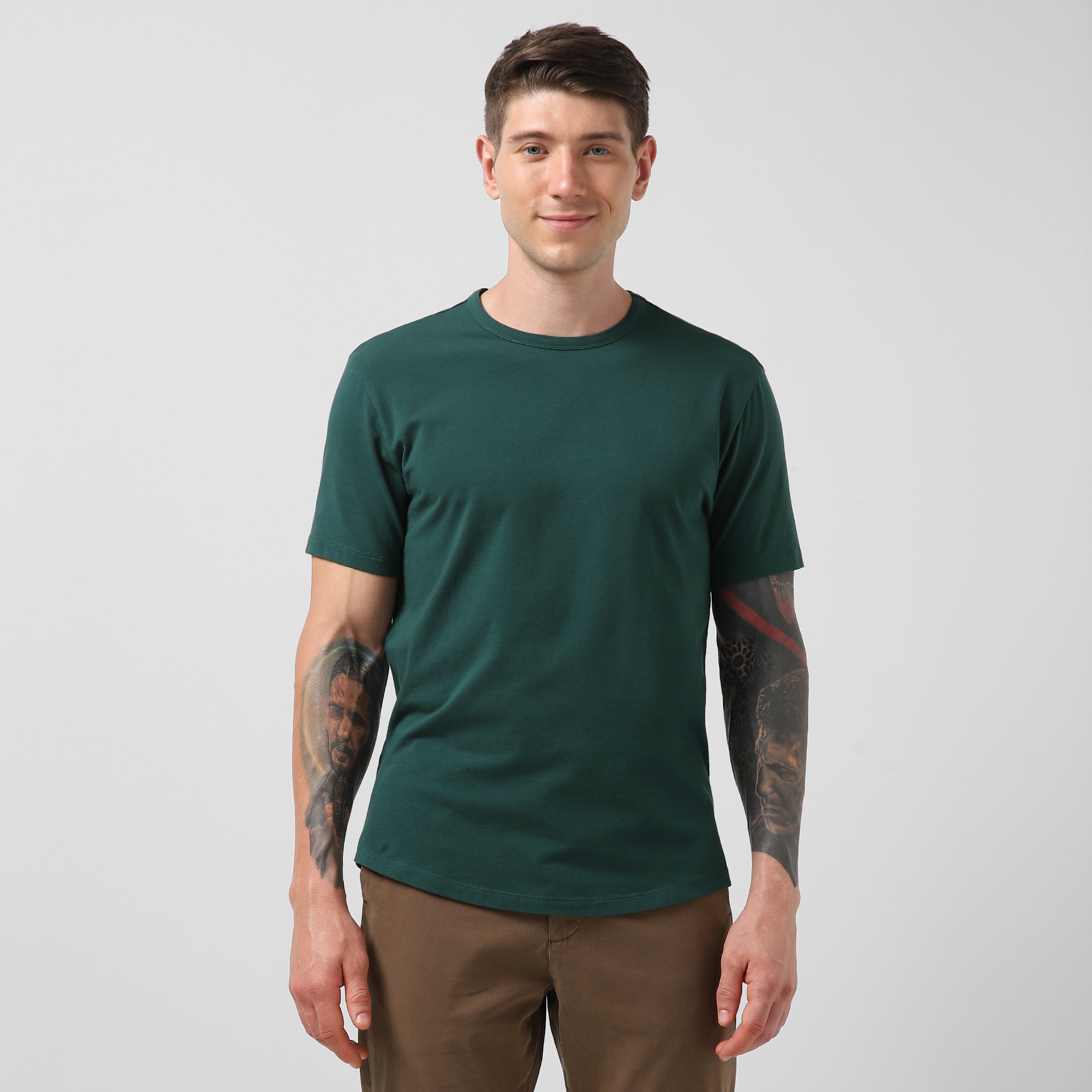 Supima Curved Tee Field Green front on model