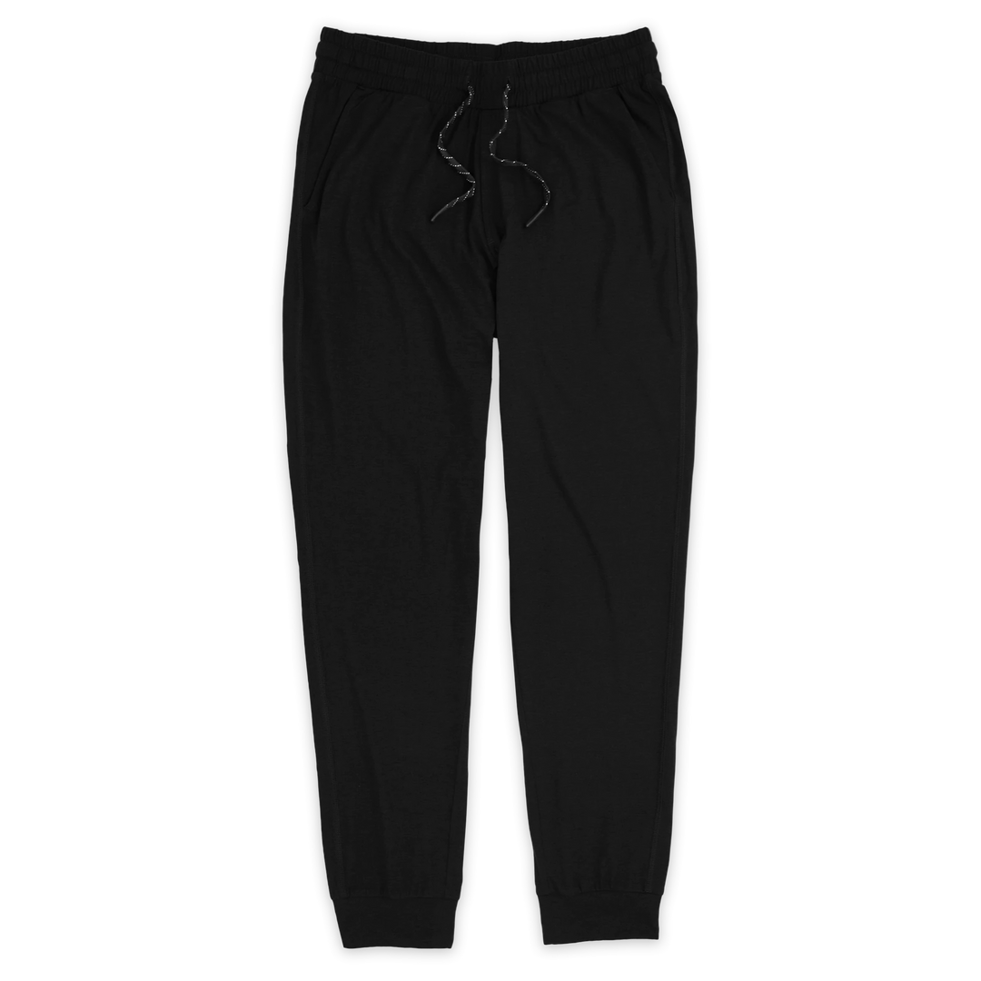 Tech Jogger Black with elastic waistband, two front pockets, and flat black and white drawstring