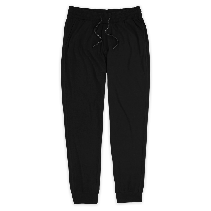 Tech Jogger Black with elastic waistband, two front pockets, and flat black and white drawstring