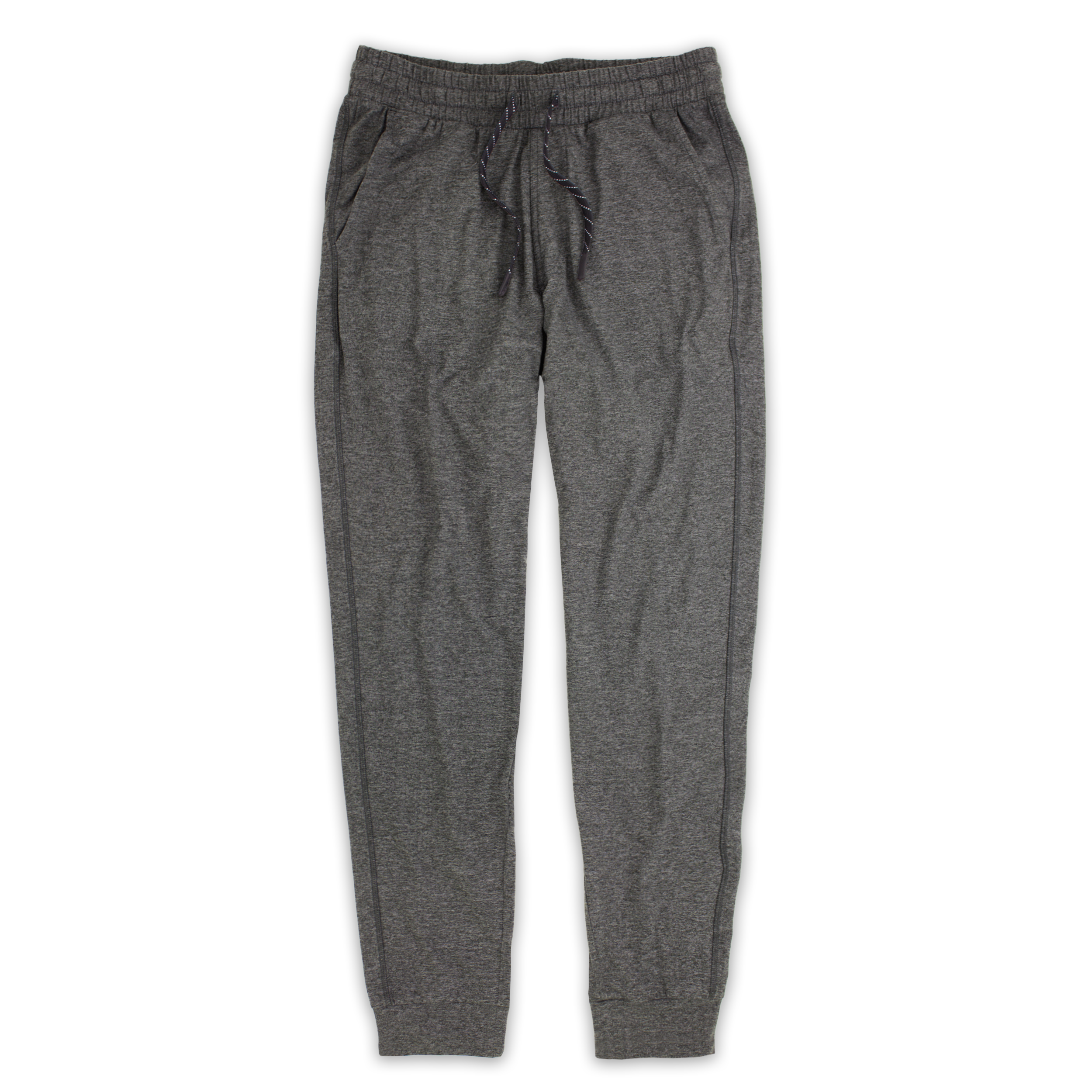 Tech Jogger Grey with elastic waistband, two front pockets, and flat black and white drawstring