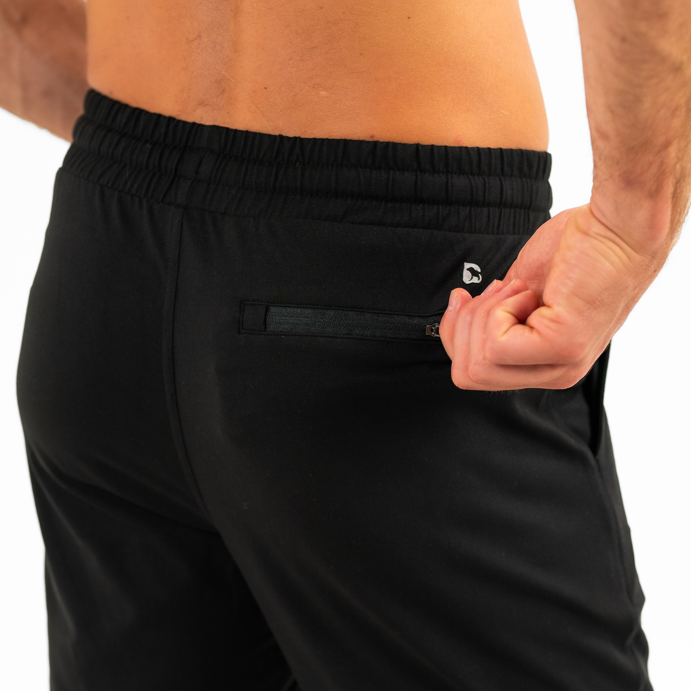Tech Jogger Black back on model zipping back right zipper pocket
