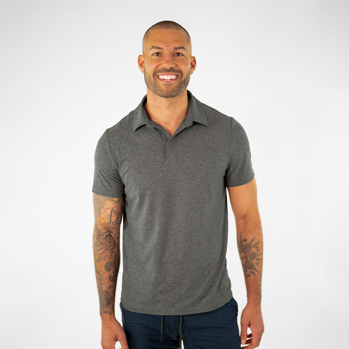 Tech Polo Grey on model paired with Tech Short Navy