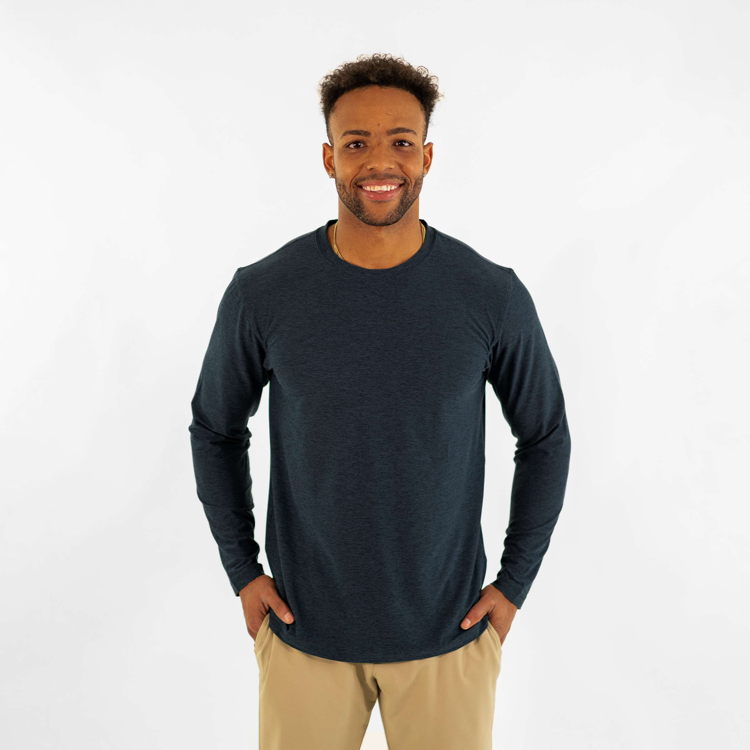 Long Sleeve Tech Tee Navy front on model