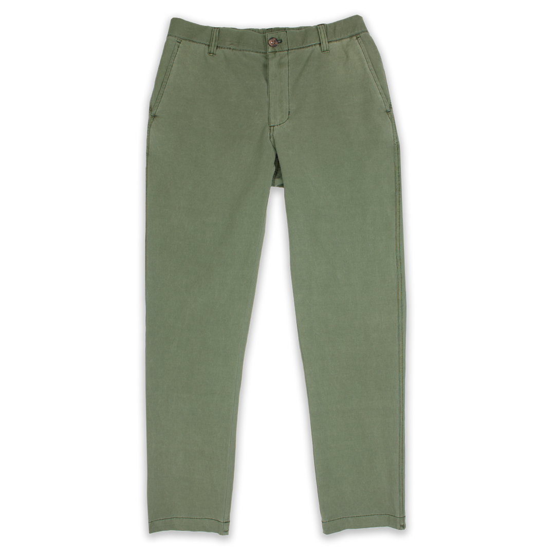 Volley Pant Green with flat front elastic waistband, belt loops, two front pockets, faux-horn button and zippered fly