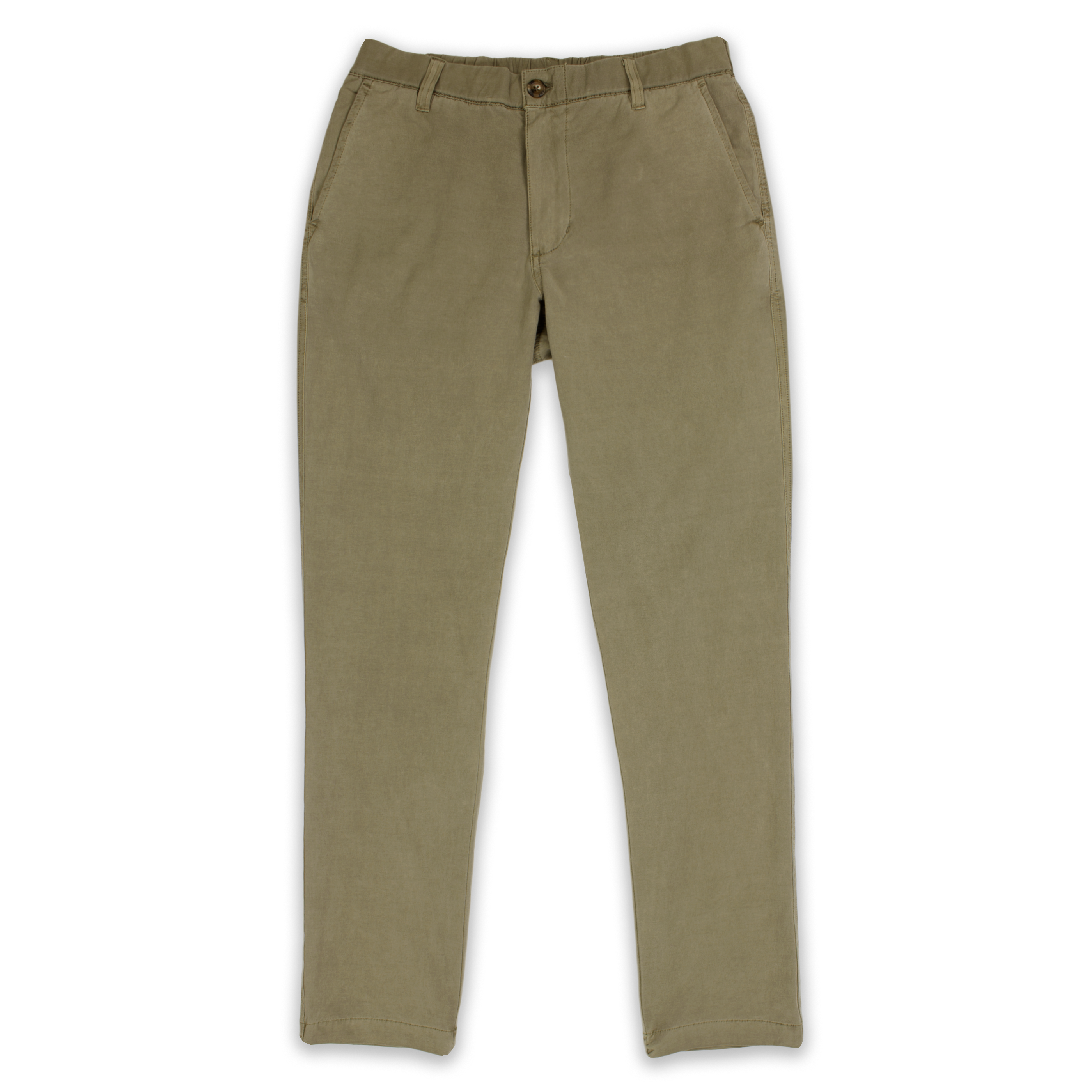 Volley Pant Khaki with flat front elastic waistband, belt loops, two front pockets, faux-horn button and zippered fly