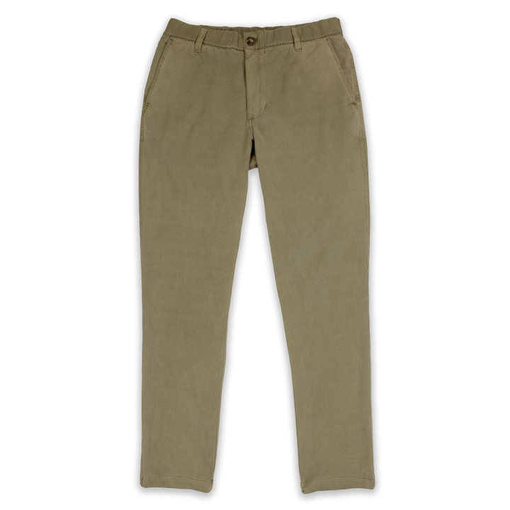 Volley Pant Khaki with flat front elastic waistband, belt loops, two front pockets, faux-horn button and zippered fly