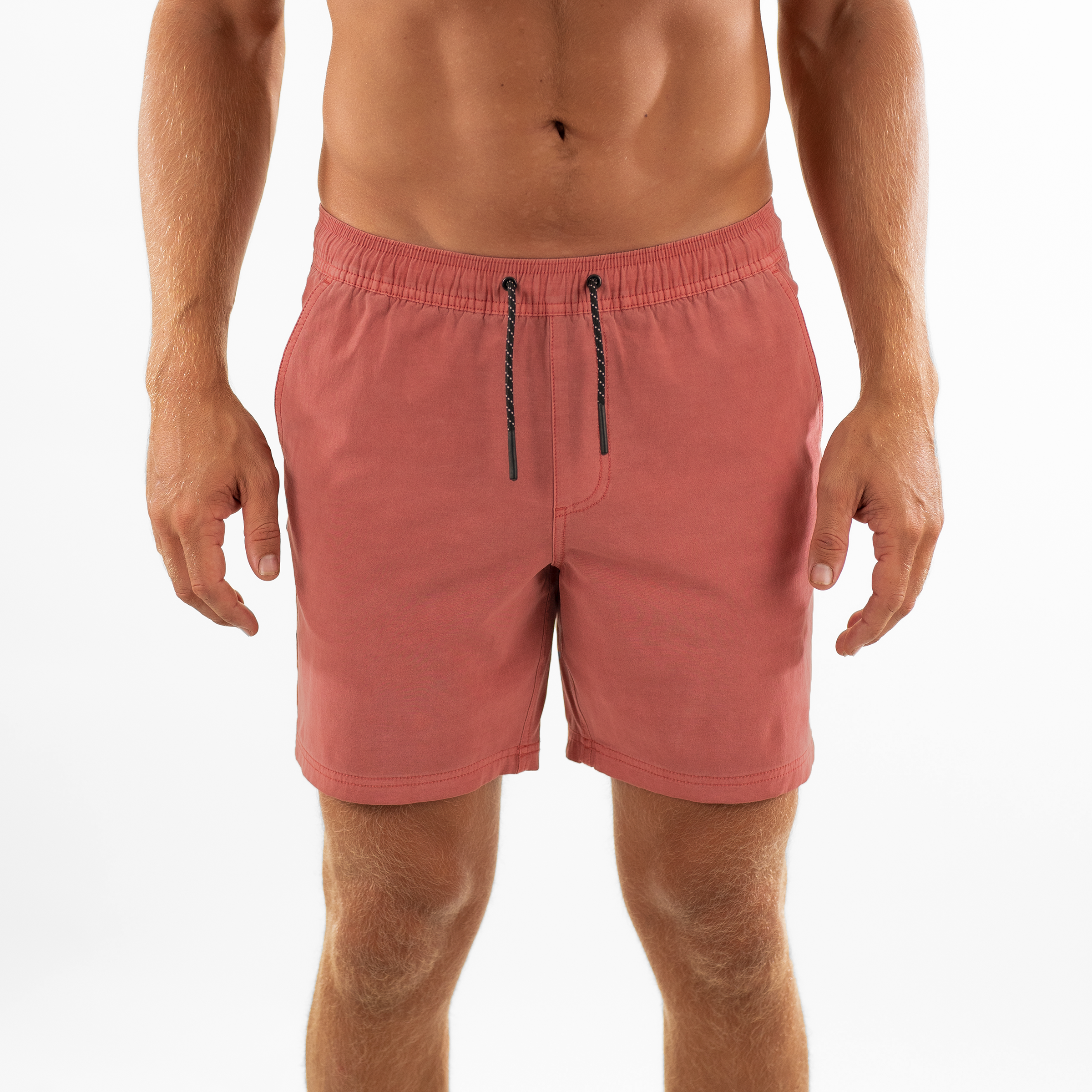 Volley Short 7" Pink Front on model with elastic waistband and black and white drawstring