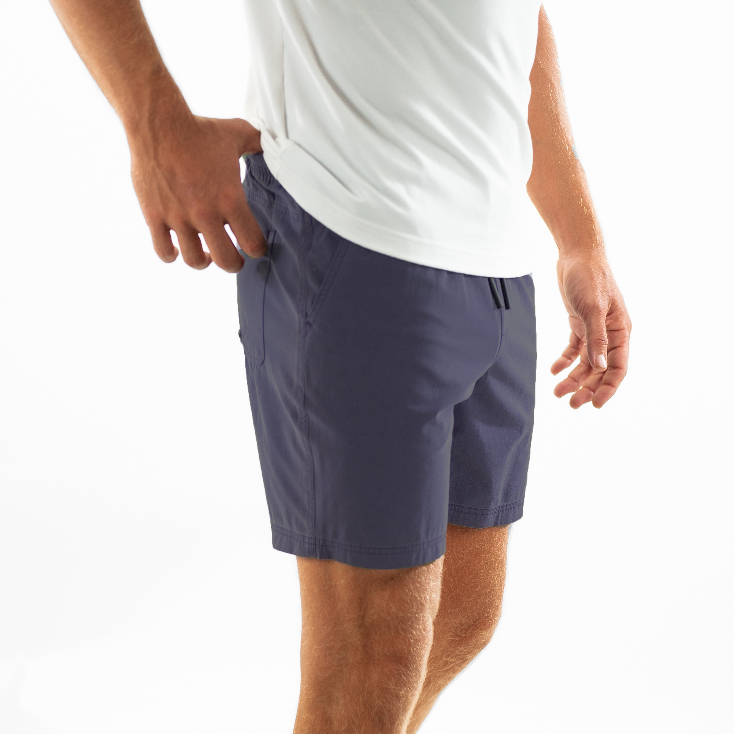 Volley Short 7" Purple right side on model with elastic waistband and black and white drawstring