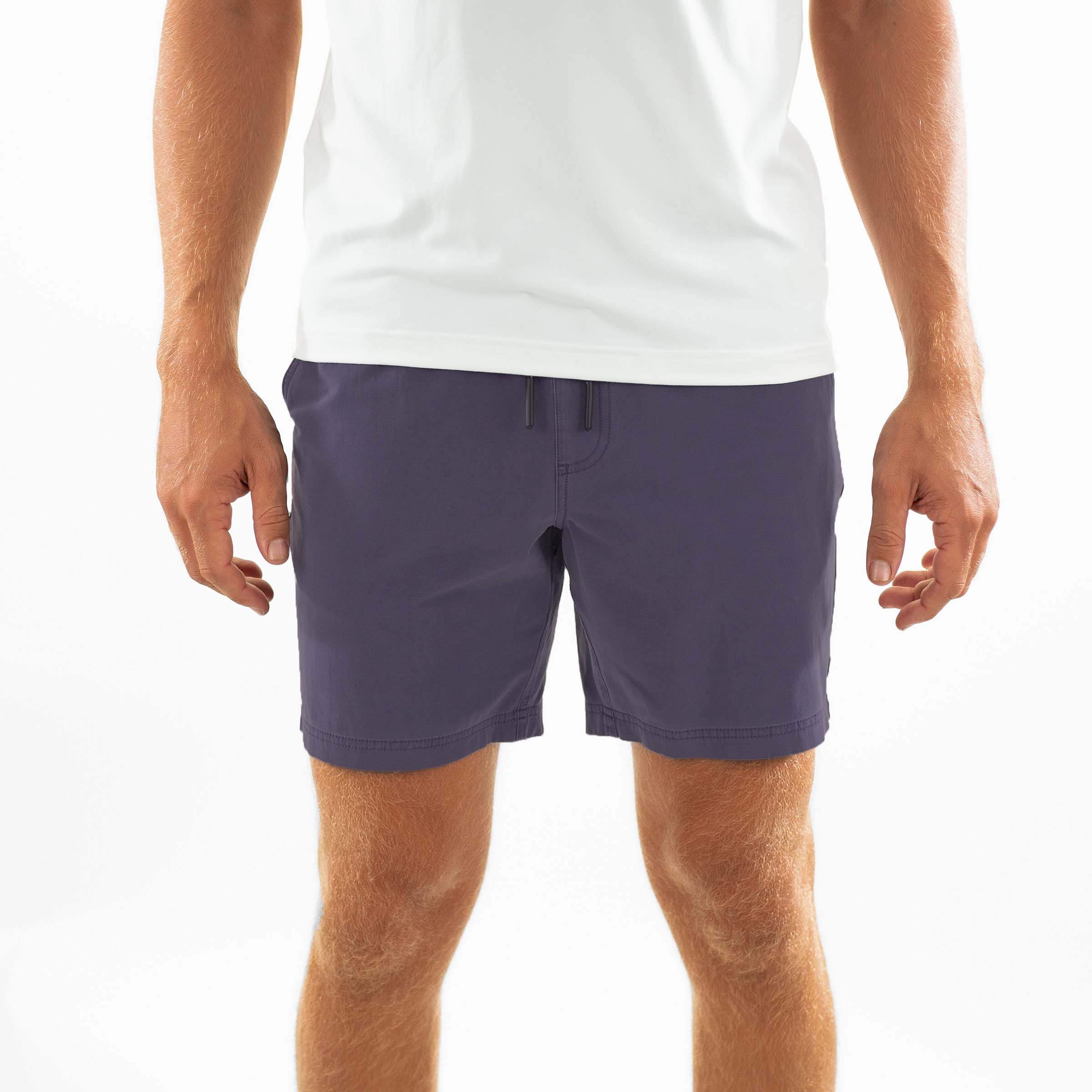 Volley Short 7" Purple Front on model with elastic waistband and black and white drawstring