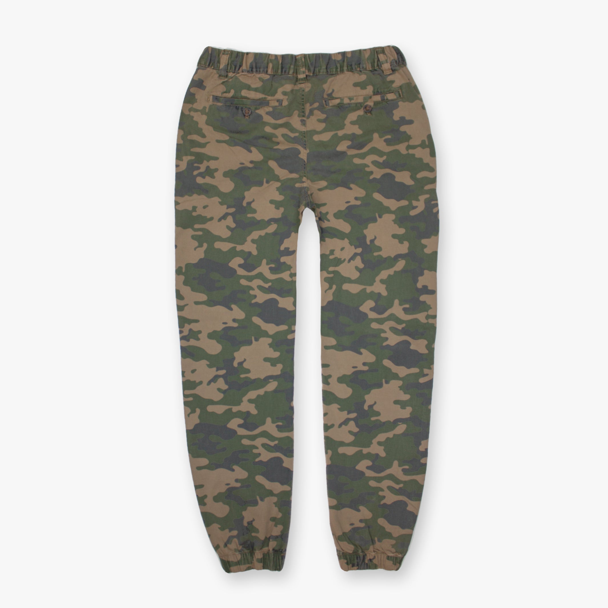 Stretch Jogger Woodland Camo back with belt loops, elastic waistband, zipper fly, ribbed ankle cuff and two buttoned back pockets