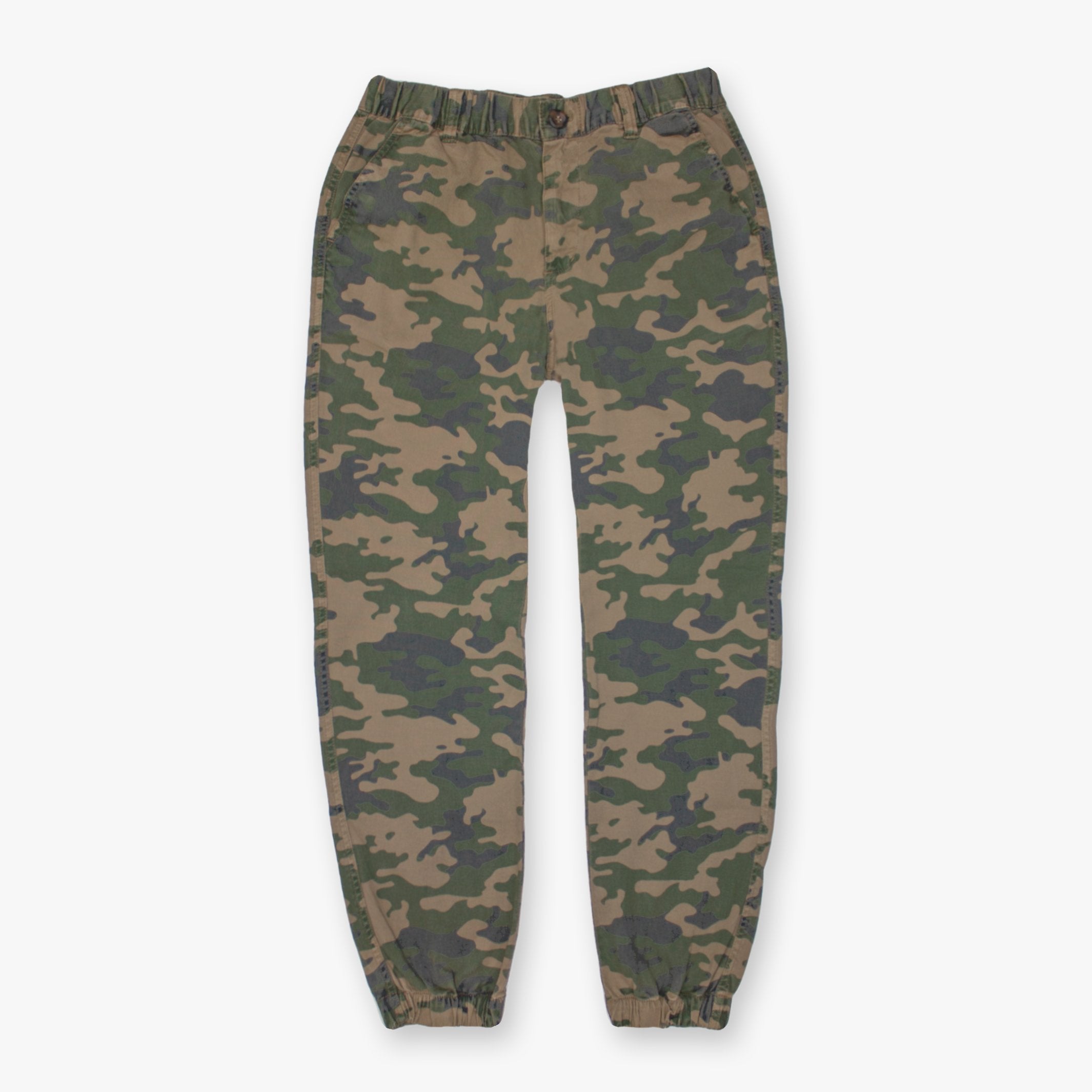 Stretch Jogger Woodland Camo with belt loops, elastic waistband, zipper fly, ribbed ankle cuff and two inseam pockets